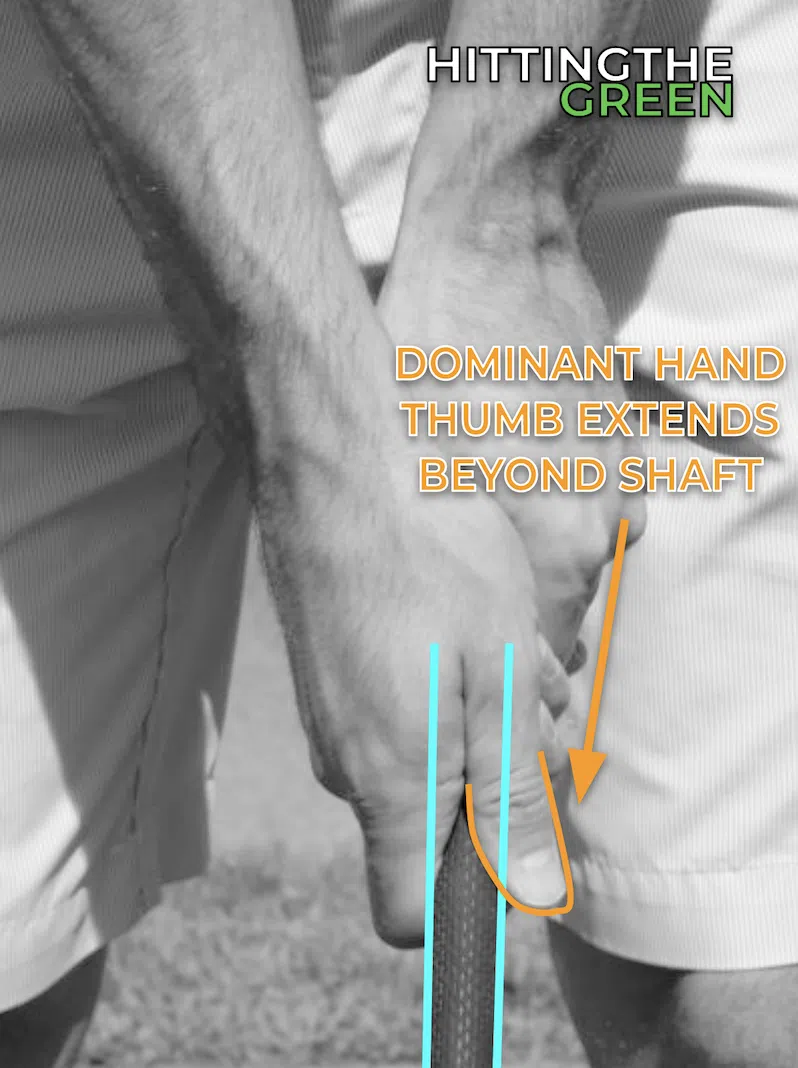 Image showing the correct placement of the thumb of the dominant (usually right) hand in a proper golf grip