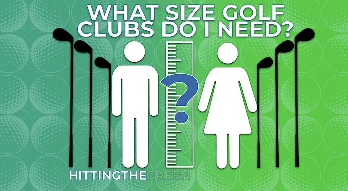What Size Golf Clubs Do I Need Feature Image Depicting Sillhouettes of Golf Clubs, Ruler, and a Man and Woman